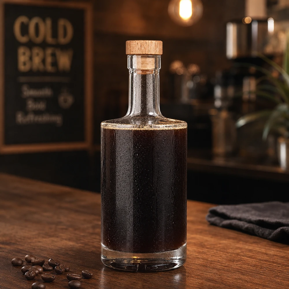 500ml Glasflasche "Passion" mit Holzgriffkorken UNiTWIST® 500ml lasipullo Nora täynnä kylmäkahvia puukorkki UNiTWIST kahvipavut barista tunnelma maalaismainen