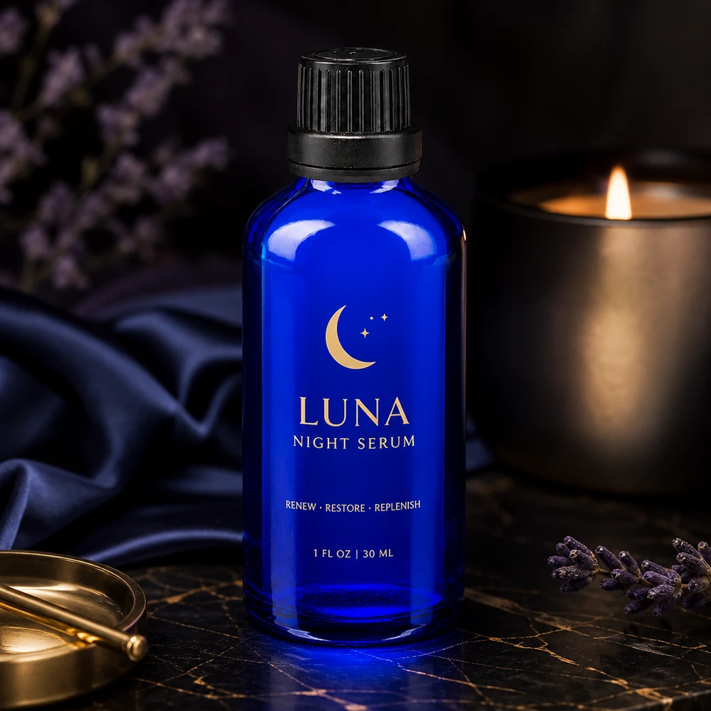 Apteekkipullo sininen 50ml ruuvikorkki musta peukaloitava sulkeminen. Sininen 50 ml:n lasipullo, jossa on musta kierrekorkki, tumman marmorin päällä, laventelin kera