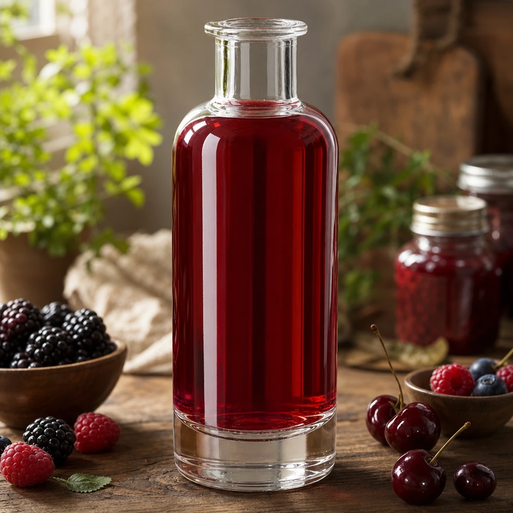 200ml Ella-lasipullo täynnä punaista marjamehua, jota ympäröivät tuoreet marjat, osoittaa luonnollisen käytön.