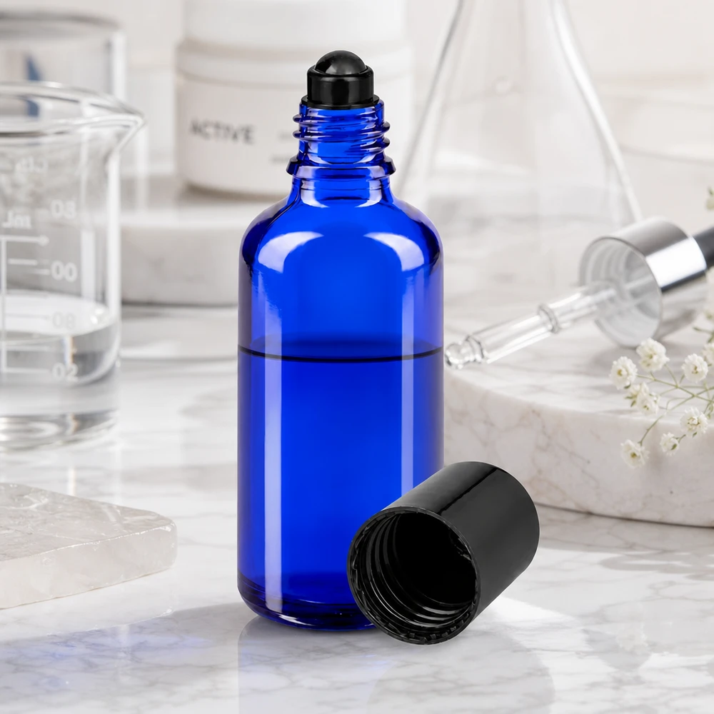 Apteekkipullo sininen 50ml roll-on korkki musta 50 ml:n koboltinsininen roll-on-pullo, jossa on musta kierrekorkki, lasikulhon ja pipetin vieressä