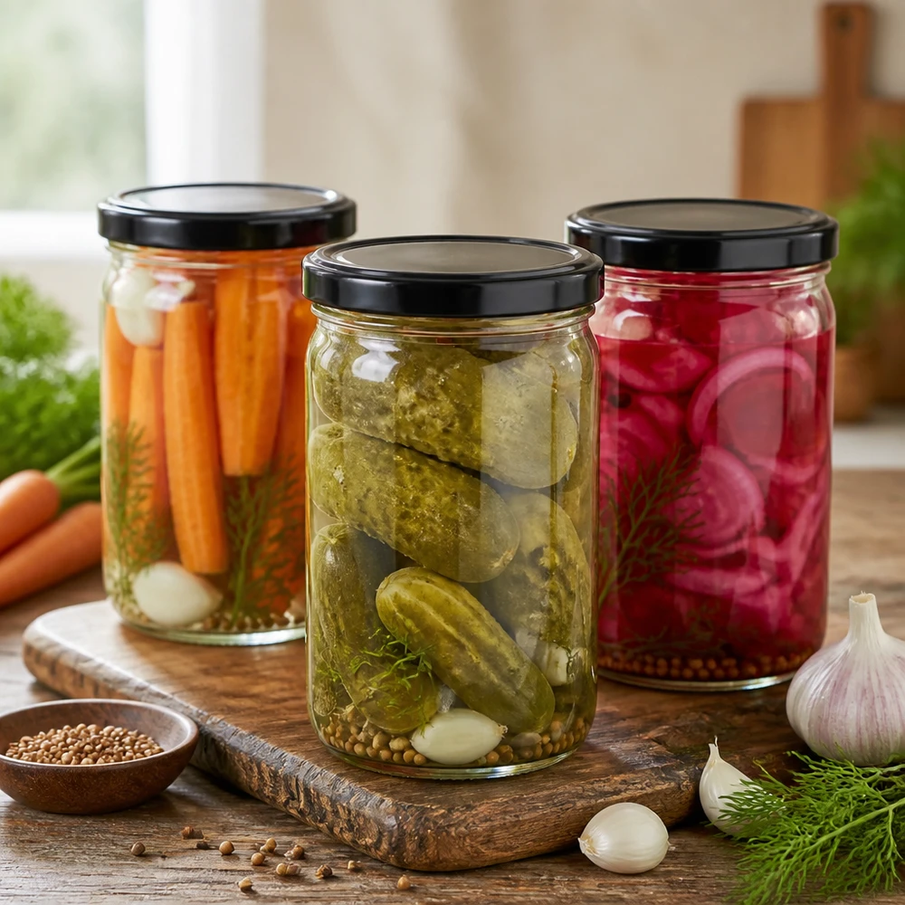 1053ml juomapullot, joissa on BasicSeal-kansi musta UNiTWIST Kolme 1053 ml:n mustalla kannella varustettua lasipulloa, jotka on täytetty suolakurkuilla, porkkanoilla ja retiiseillä.