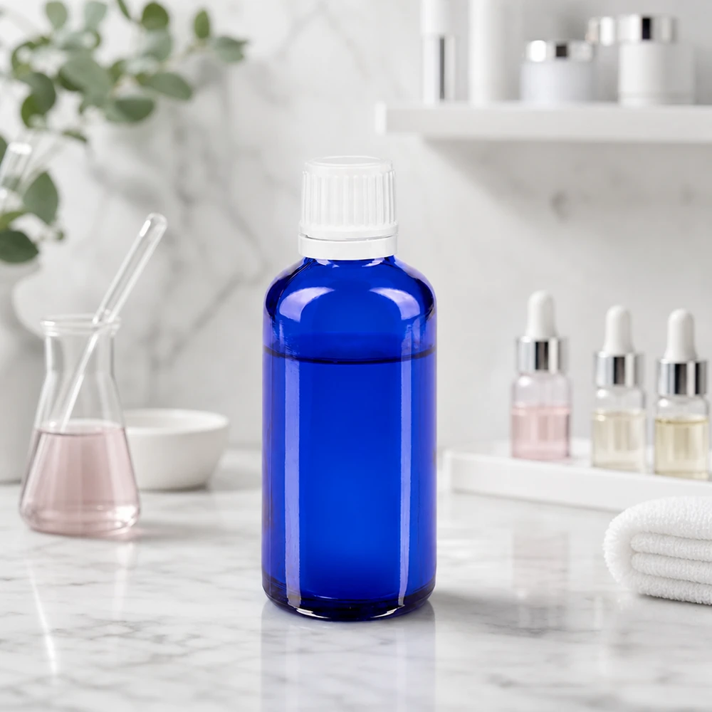 Apteekkipullo sininen 50ml ruuvikorkki valkoinen väärentämisen varmentava sulkeminen. Sininen 50 ml:n lasipullo, jossa on valkoinen lapsiturvallinen korkki, vaalean marmoritaustan edessä