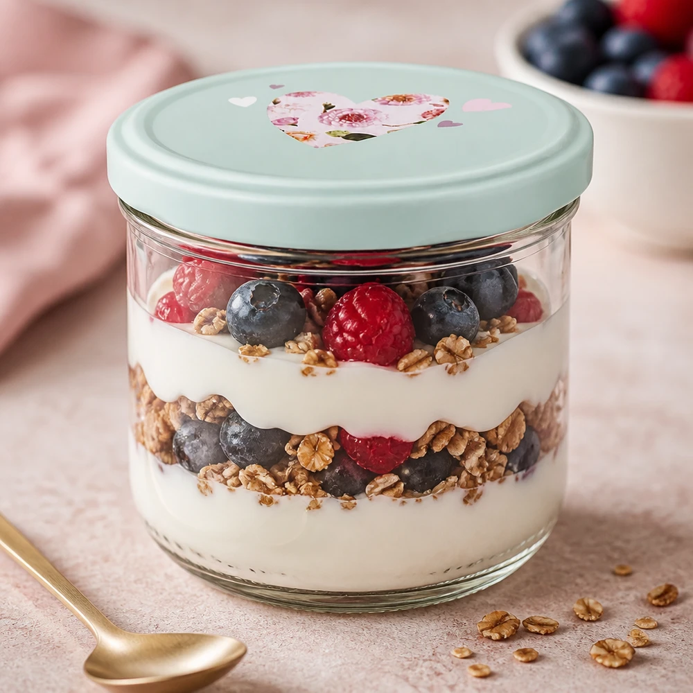 260ml juomalasit + BasicSeal kansi sydän minttu UNiTWIST 260ml Sturzglas mit Joghurt-Beeren-Parfait befüllt, BasicSeal Deckel mint mit Herz, Dessertglas für Schichtdesserts