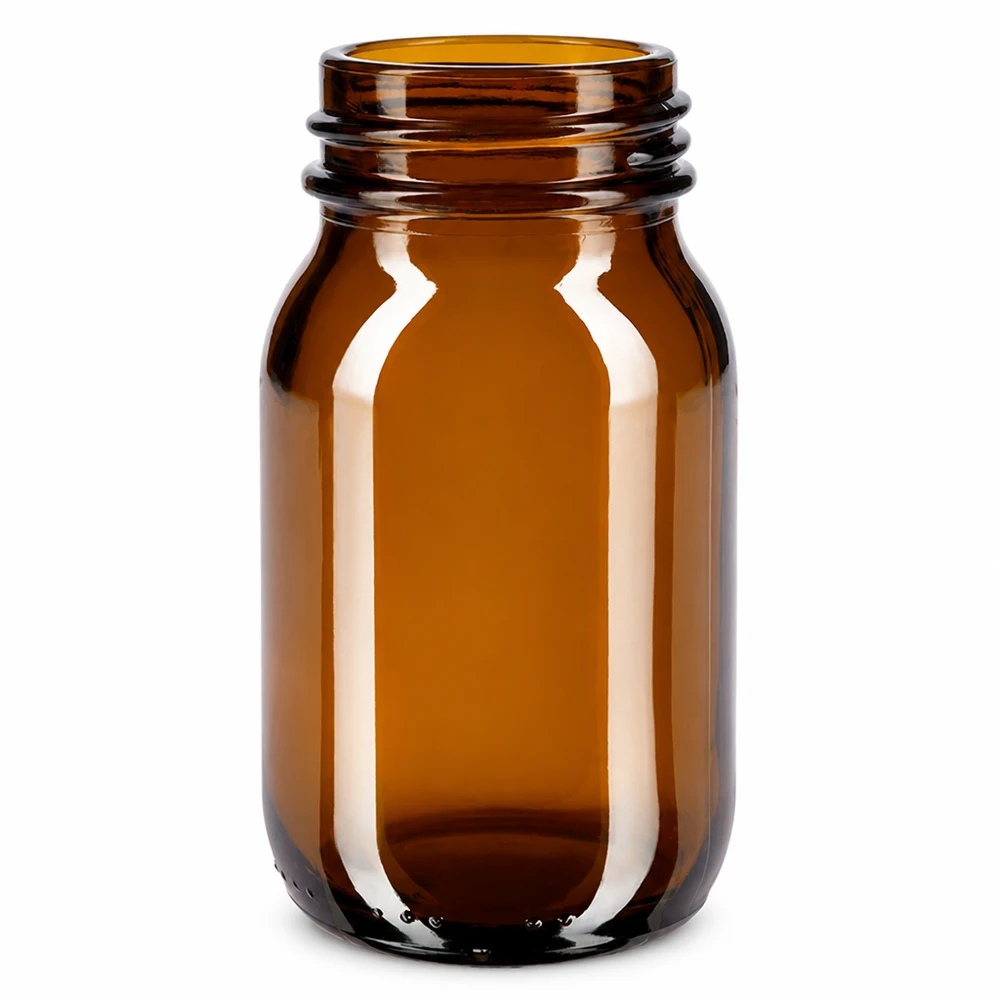 100 ml:n laajakaulainen pullo meripihkanväristä lasia kosmetiikkaan ja farmaseuttisiin tuotteisiin.