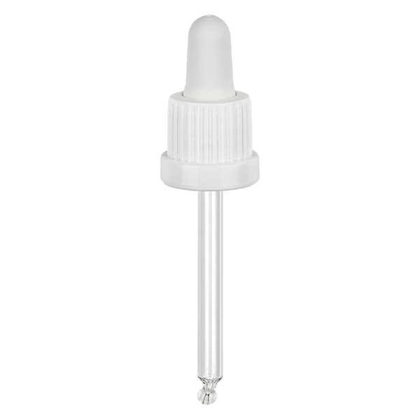 Lasinen tippapipetti valkoinen/valkoinen 18mm PL66 sulkeminen väärentämisen estävällä sulkimella. Lasinen tippapipetti valkoinen/valkoinen 18mm PL66 sulkeminen väärentämisen estävällä sulkimella.