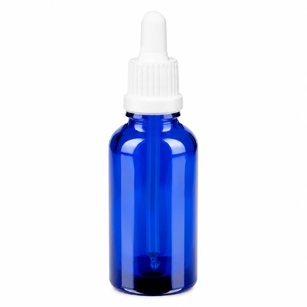30ml sininen pipettipullo, jossa valkoinen tippakorkki OV BlueLine UT18 DIN18-kierre