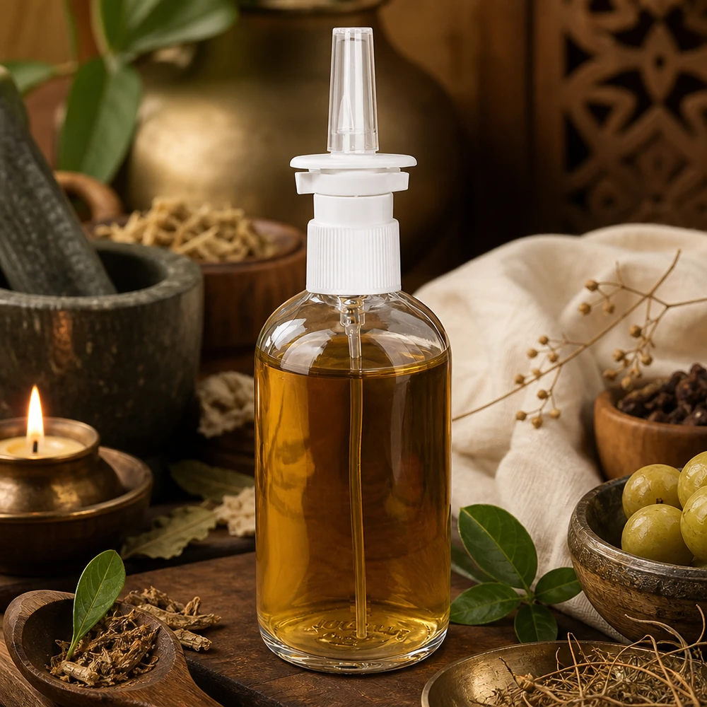 Läpinäkyvä 100 ml:n ClearLine-nenäsumutepullo, jossa on yrttejä, oliiveja ja kynttilä ayurvedaisessa tunnelmassa