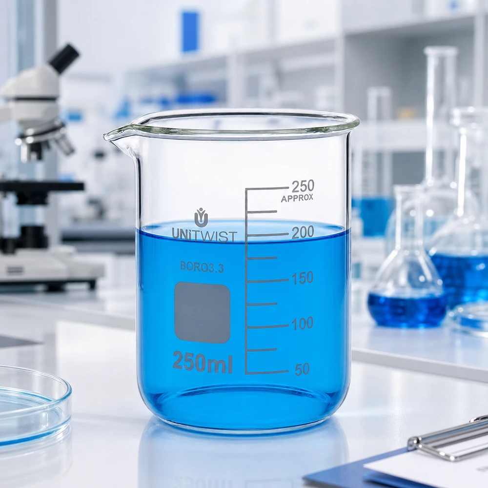 250 ml borosilikaattilasi, matala muotti UNiTWIST UNiTWIST-lasikulho 250 ml, matala malli, borosilikaattilasia 3.3, sisältää sinistä nestettä laboratoriossa