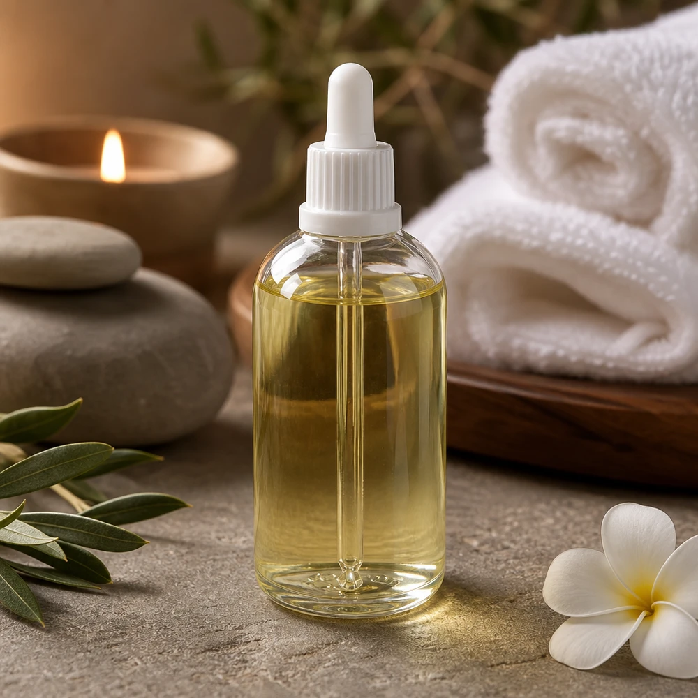 100ml pipettipullo valkoinen peukaloinnin estävä korkki ClearLine UT18/100 Pieni 100 ml:n pipettipullo, ClearLine, valkoinen, mukana spa-tarvikkeita: kiviä, kynttilä ja kukka