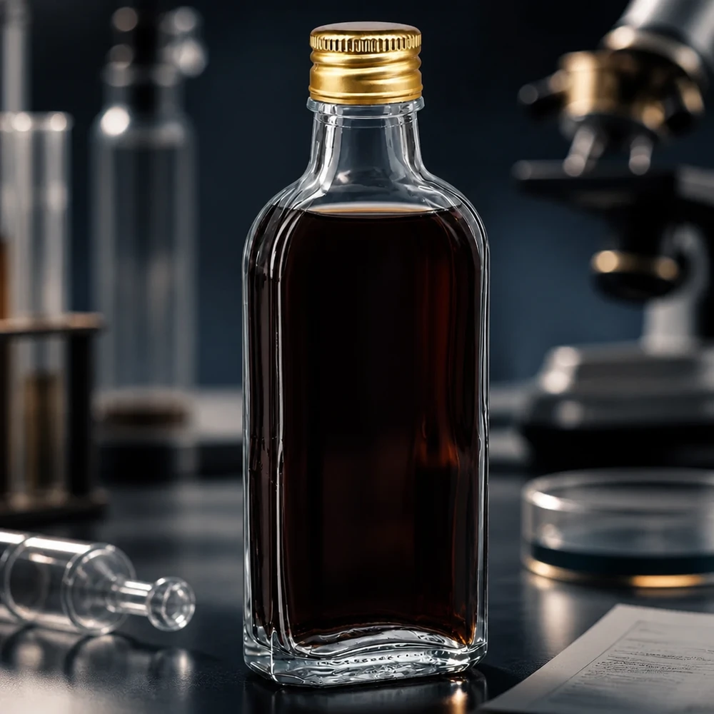 Täytetty 100 ml:n Meplat-lasipullo, kirkas, kultaisella alumiinisella kierrekorkilla (PP22) tiedelaboratoriossa
