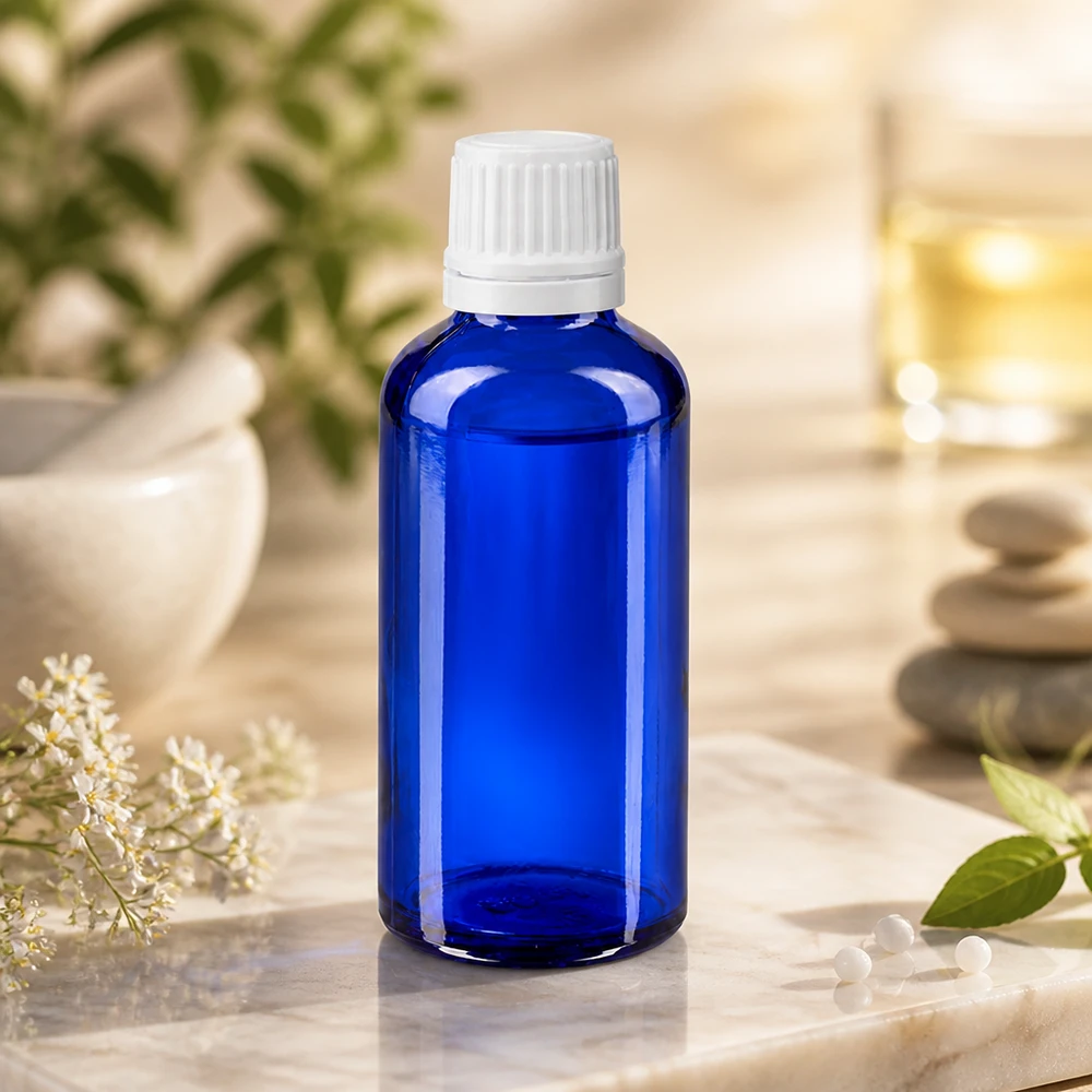 Apteekkipullo sininen 50ml ruuvikorkki valkoinen väärentämisen varmentava sulkeminen. Pieni 50 ml:n apteekkipullo koboltinsinisestä lasista, jossa on lapsiturvallinen valkoinen korkki