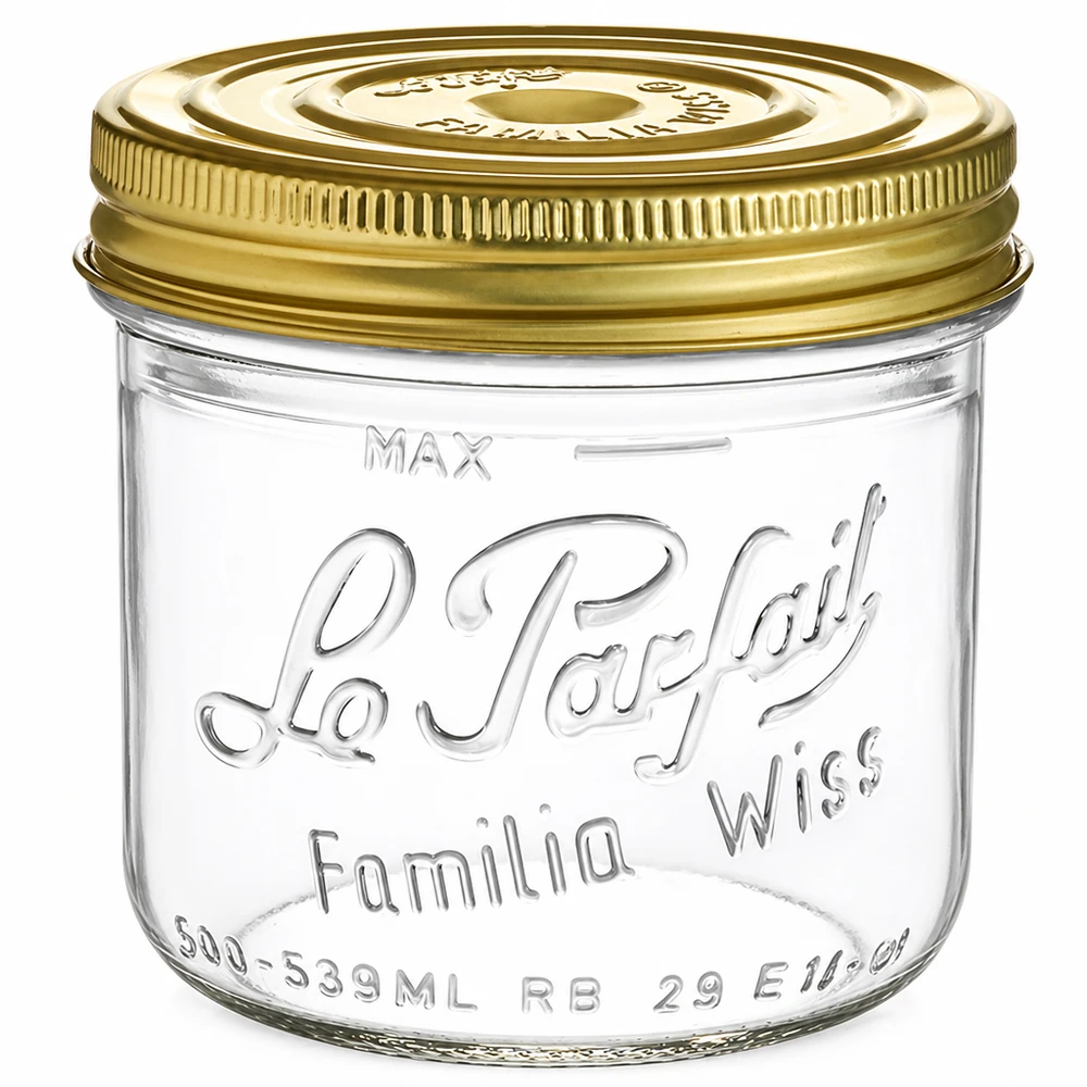 539ml Sturzglas "Familia Wiss" 2-teiliges Deckelsystem Le Pa 539ml Familia Wiss -purkki, jossa on kultainen ruuvikansi Le Parfait -säilykepurkki säilöntään