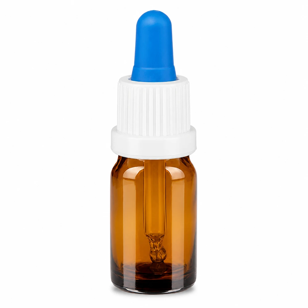 5ml pipettipullo valkoinen/sininen väärentämisen estävä sulkeminen BrownLine UT18/5 5 ml:n pipettipullo meripihkalasista, jossa on valkoinen korkki ja sininen pipetti tarkkaa annostelua varten.