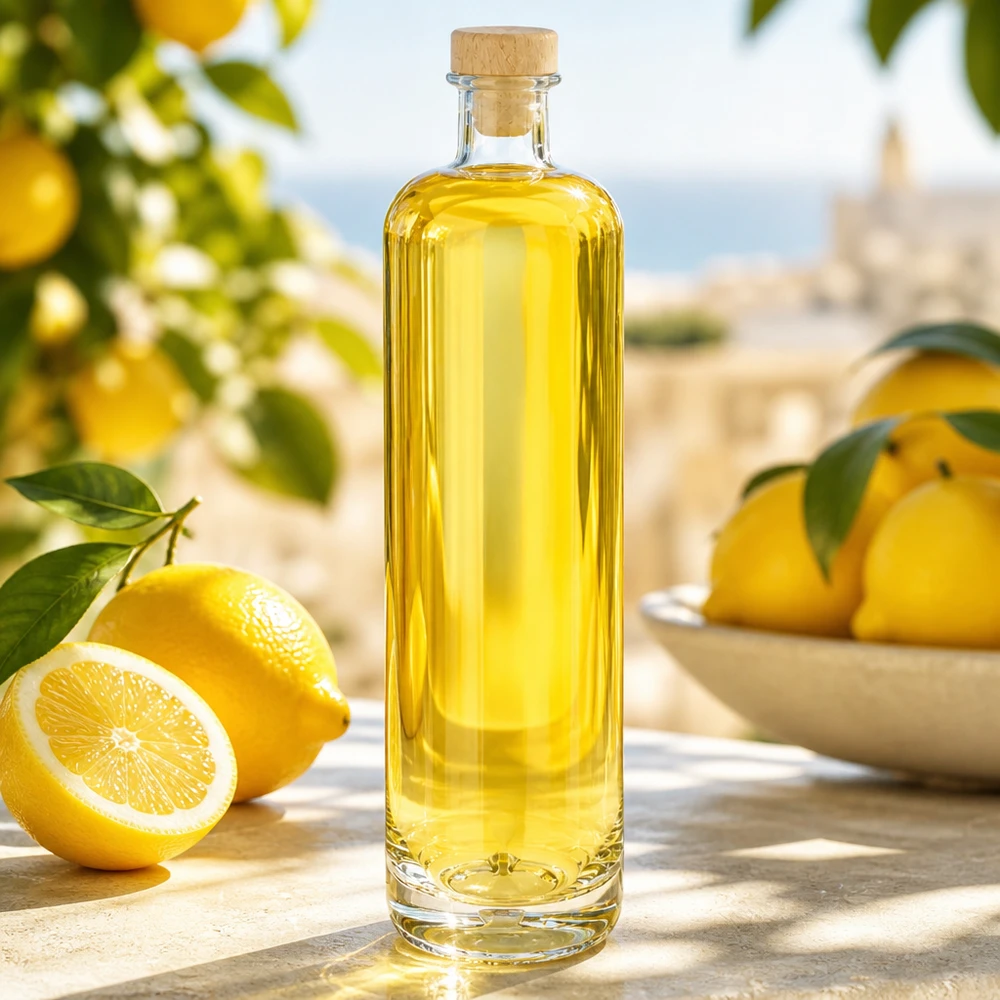 700ml Glasflasche "Eleganz" mit Holzgriffkorken UNiTWIST® 700 ml:n lasipullo Ellaa, jossa on keltainen sisältö ja puukorkki, Välimeren sitruunan värinen asetelma puupöydällä.