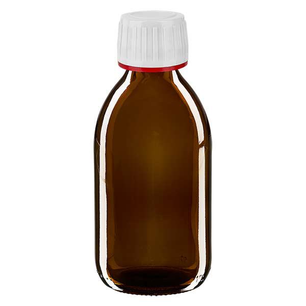 250ml lääkepullo ruskea, korkki valkoinen, jossa peukalointi-ilmoitusrengas punainen ApoGlas 250ml lääkepullo ruskea, korkki valkoinen, jossa peukalointi-ilmoitusrengas punainen ApoGlas