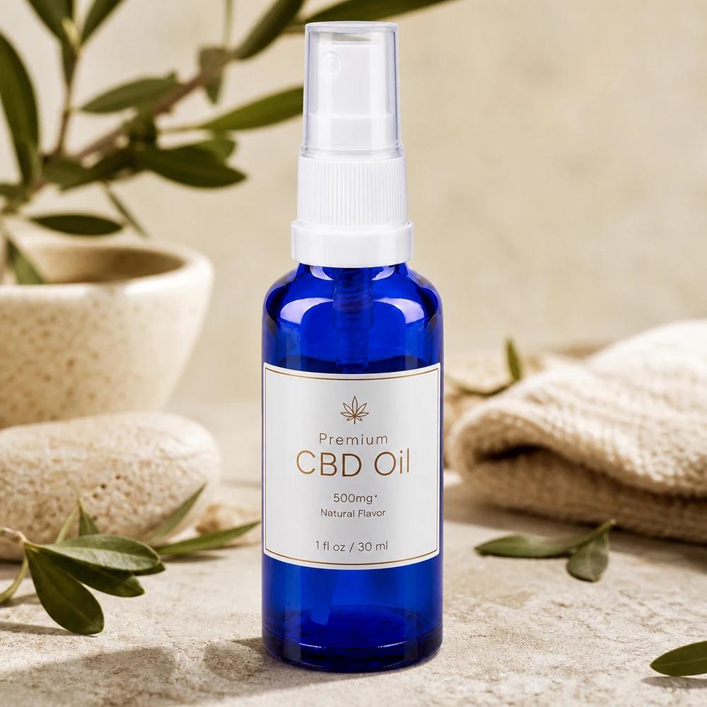 Sininen apteekkipullo 10 ml, jossa on pumppusumutin, CBD-öljylle 500 mg, luonnollinen maku, 30 ml