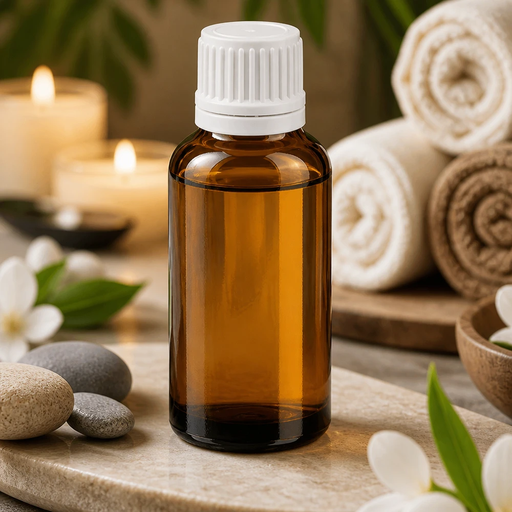 Premium meripihkanvärinen lasipullo 30ml, jossa on valonsuoja ja valkoinen kierrekorkki kosmetiikkaan ja hyvinvointiin.