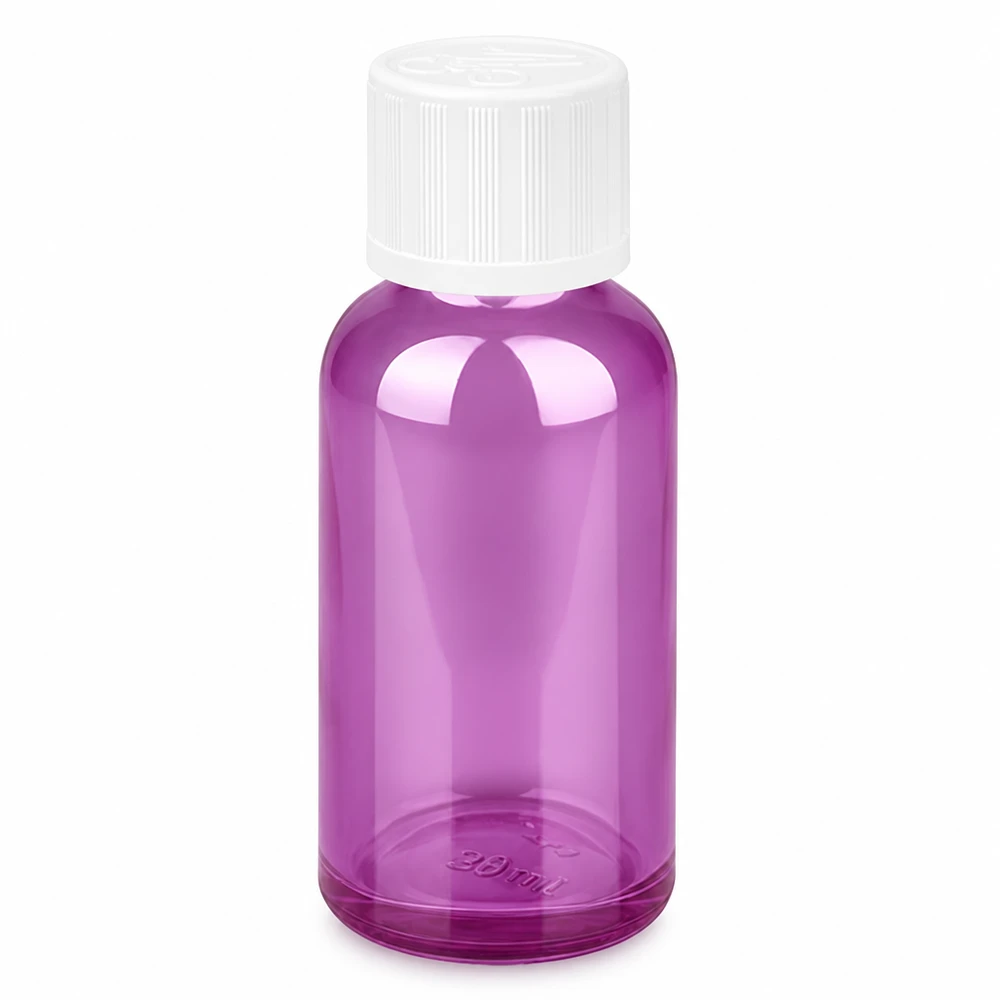 30ml lasipullo valkoisella kierrekorkilla - violetti laboratoriolaatu tarkkaa annostelua varten.