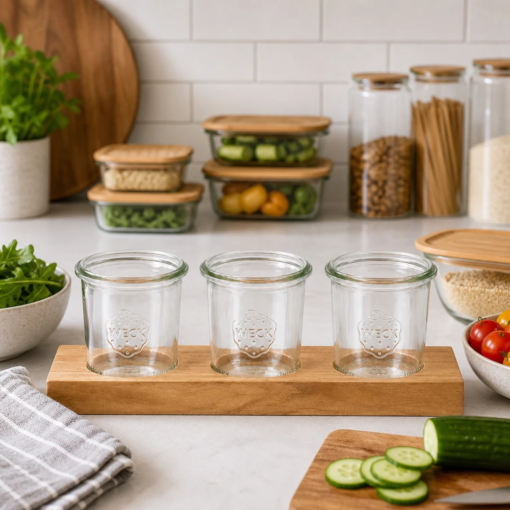 Plano3-tarjoilulautanen ja 3 kpl Weck-lasipurkkia (140 ml) Plano3-tarjoilulauta, jossa on tyhjiä 140 ml:n WECK-purkkeja modernissa keittiössä vihannes- ja säilytyspurkkien vieressä.