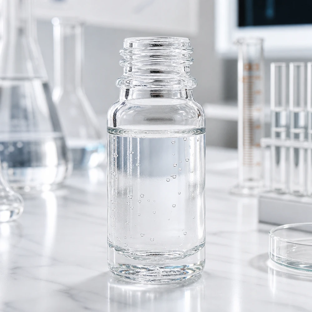 10 ml:n ClearLine DIN18 UNiTWIST -apteekkipullo, joka on täytetty puhtaalla vedellä laboratorio-olosuhteissa