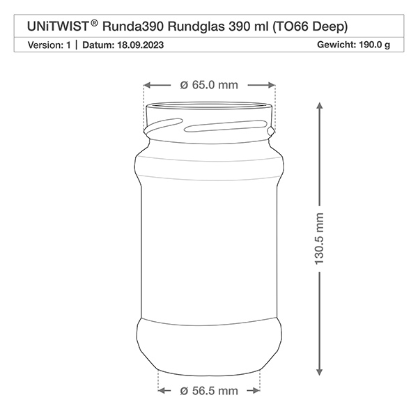 390ml pyöreä purkki ilman kantta (TO66syvä) UNiTWIST Tekninen piirustus UNiTWIST Runda390 pyöreä lasi 390ml TO66 Deep, mitat 65mm halkaisija 130.5mm korkeus