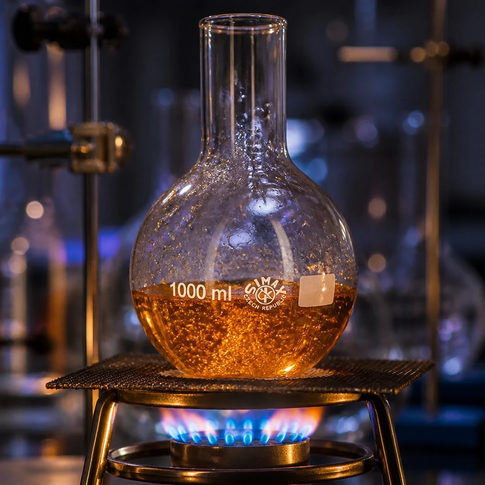Pystypullo 1000ml leveä kaula 1000 ml:n pullon leveä kaula, kun sitä lämmitetään Bunsen-polttimella ammattimaisessa laboratorioympäristössä.
