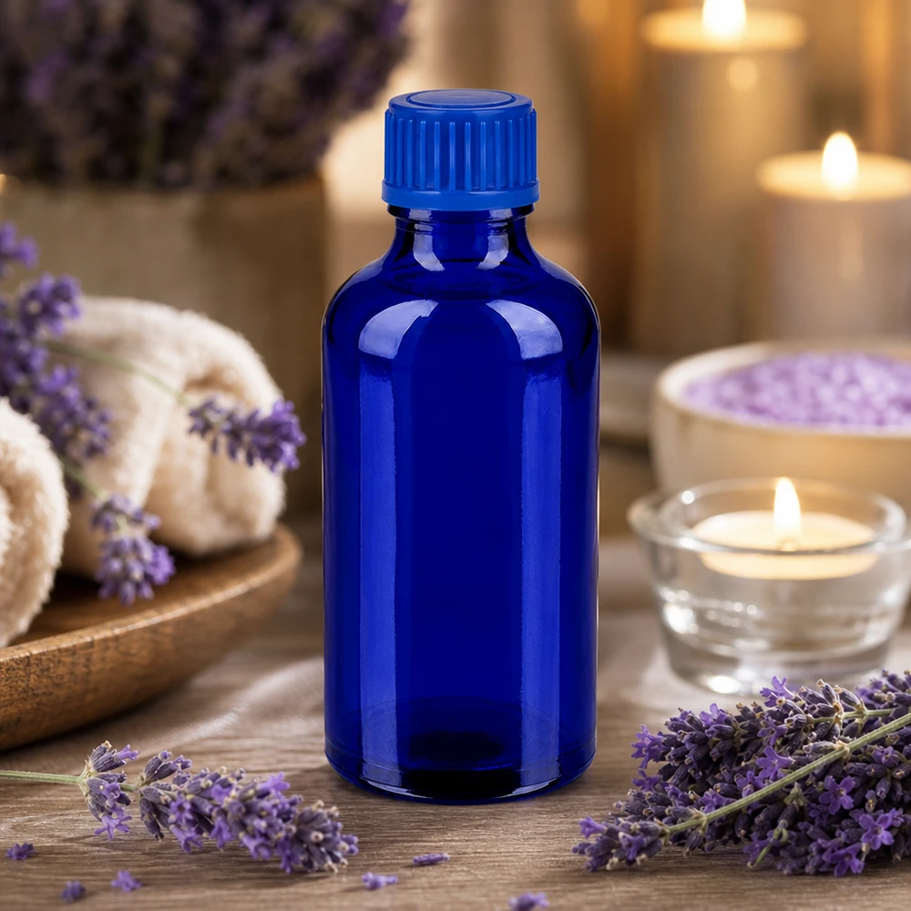 50ml pullo 11mm kierrekorkki sininen Standard BlueLine UT18/50 Standard BlueLine UT18/50 50ml koboltinsininen lasipullo SV blue STD BlueLine UV-suojalla kosmetiikkaan ja hyvinvointiin.