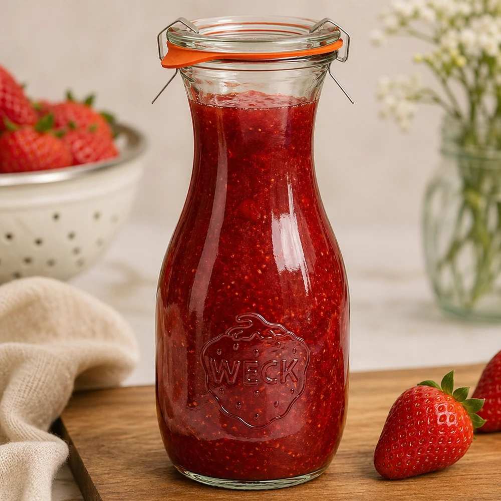 Mansikkahillolla täytetty 530 ml:n WECK-mehupullo osoittaa RR60-säilytyspurkin käytännön käytön.