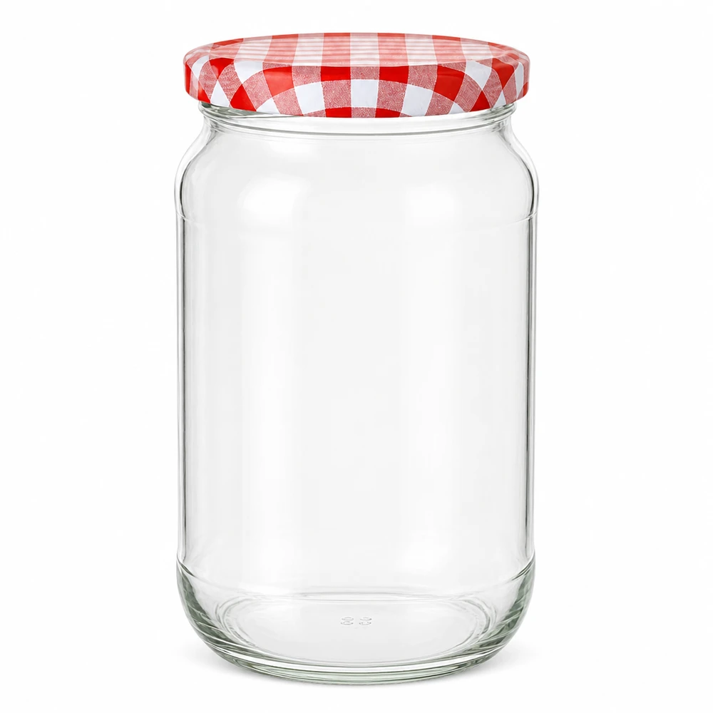 1062ml pyöreä purkki, jossa on punavalkoinen ruutukuvioitu BasicSeal-kansi tyhjä valkoisella pohjalla Säilytyspurkki Säilytyspurkki