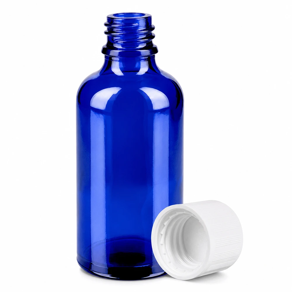 Koboltinsininen 50ml lasipullo, jossa on kierre, farmaseuttisiin ja kosmeettisiin sovelluksiin.