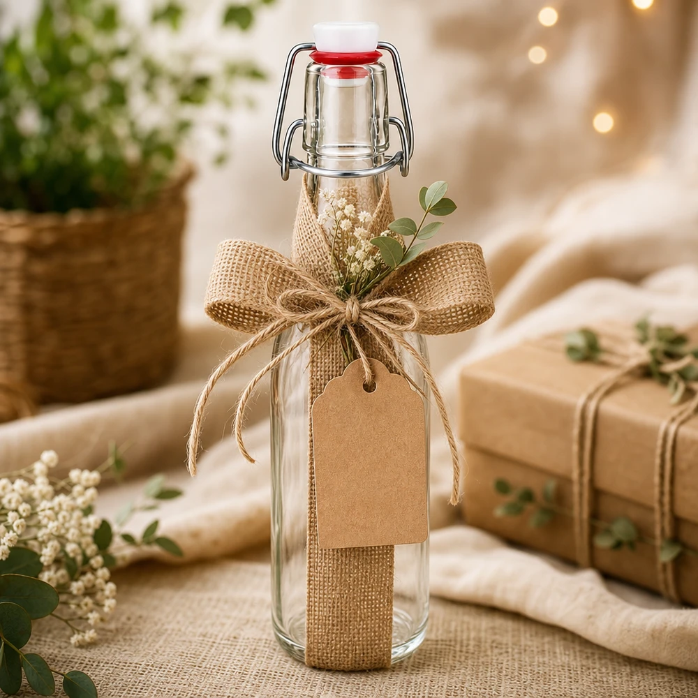 250ml lasipullo + keinuposliini UNiTWIST UNiTWIST 250ml Glasflasche mit Bügelverschluss als Geschenk dekoriert mit Juteschleife, Anhänger und getrockneten Blumen