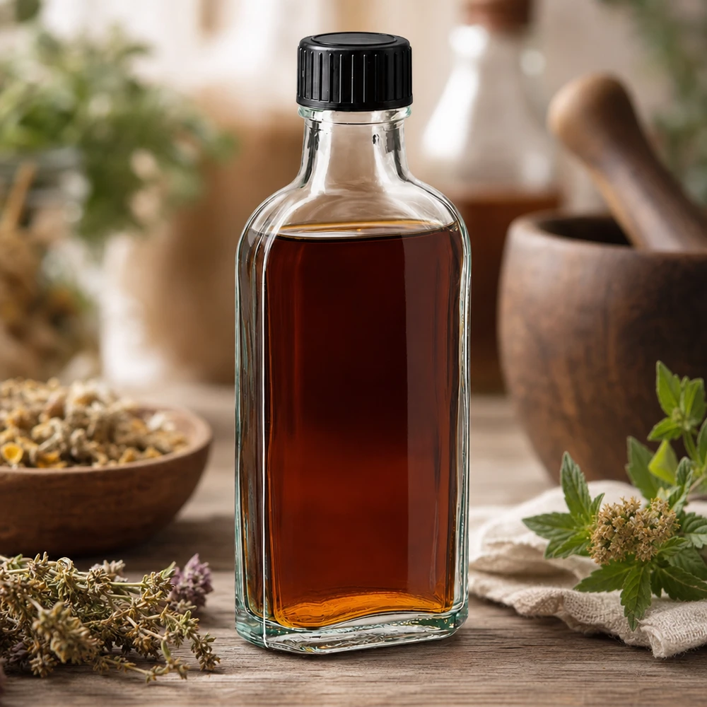 Ruskea tinktuura 100 ml:n Meplat-lasipullossa, jossa on musta kierrekorkki, tuoreiden lääkekasvien seassa