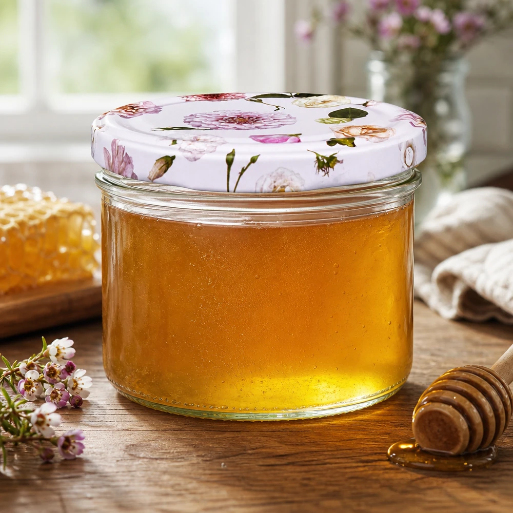 230ml sylinteripurkki + BasicSeal kansi kukka vaaleanpunainen Hunajapurkki 230ml BasicSeal-kannella kukka vaaleanpunainen - kultainen hunaja, hunajalusikka ja hunajakenno keittiössä
