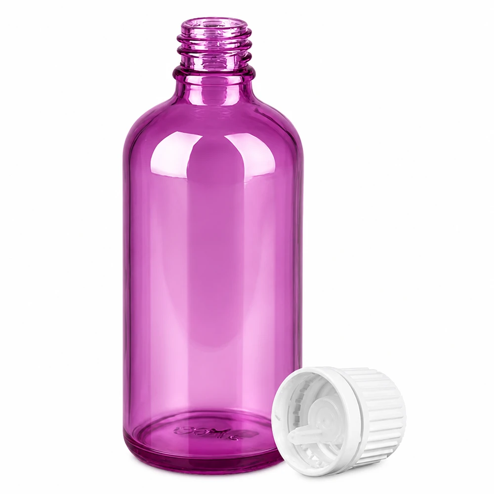 Violetti 100ml muovinen tippapullo, jossa on 0.7mm annosteluaukko eteerisille öljyille.