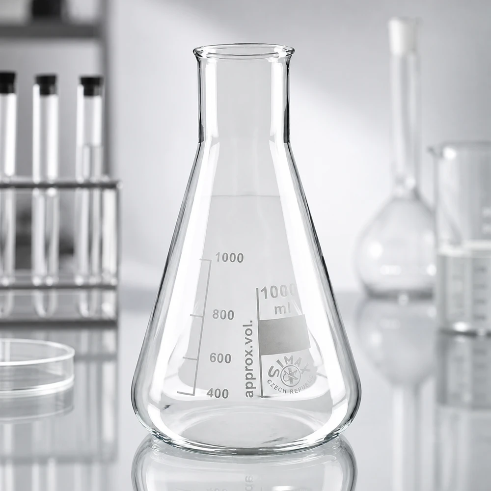Erlenmeyer-pullo 200ml leveäkaulainen lämmönkestävästä lasista synteesejä ja reaktioita varten.