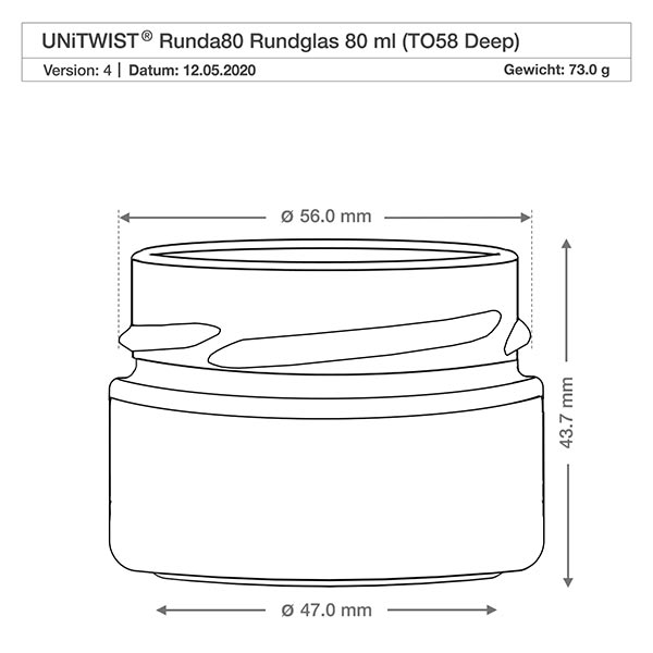 80ml pyöreä purkki ilman kantta (TO58deep) UNiTWIST UNiTWIST UNiTWIST pyöreä lasi 80ml TO58 Deep, jonka halkaisija on 56mm ja korkeus 43,7mm tekninen piirustus