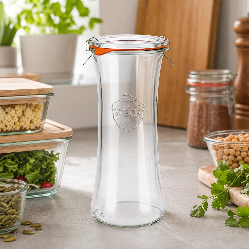 700ml herkkupurkki täydellinen WECK RR80 WECK 700ml herkkupurkki RR80 tyhjä kannellinen modernissa keittiössä säilytyspurkkien ja tuoreiden yrttien välissä