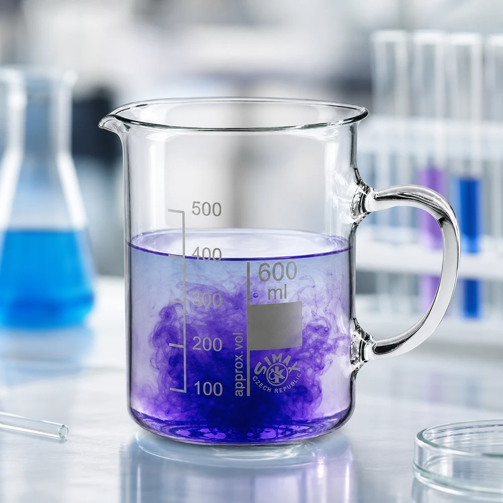 600 ml:n kahvallinen lasi, valmistettu lämmönkestävästä borosilikaattilasista, jossa on violettia nestettä