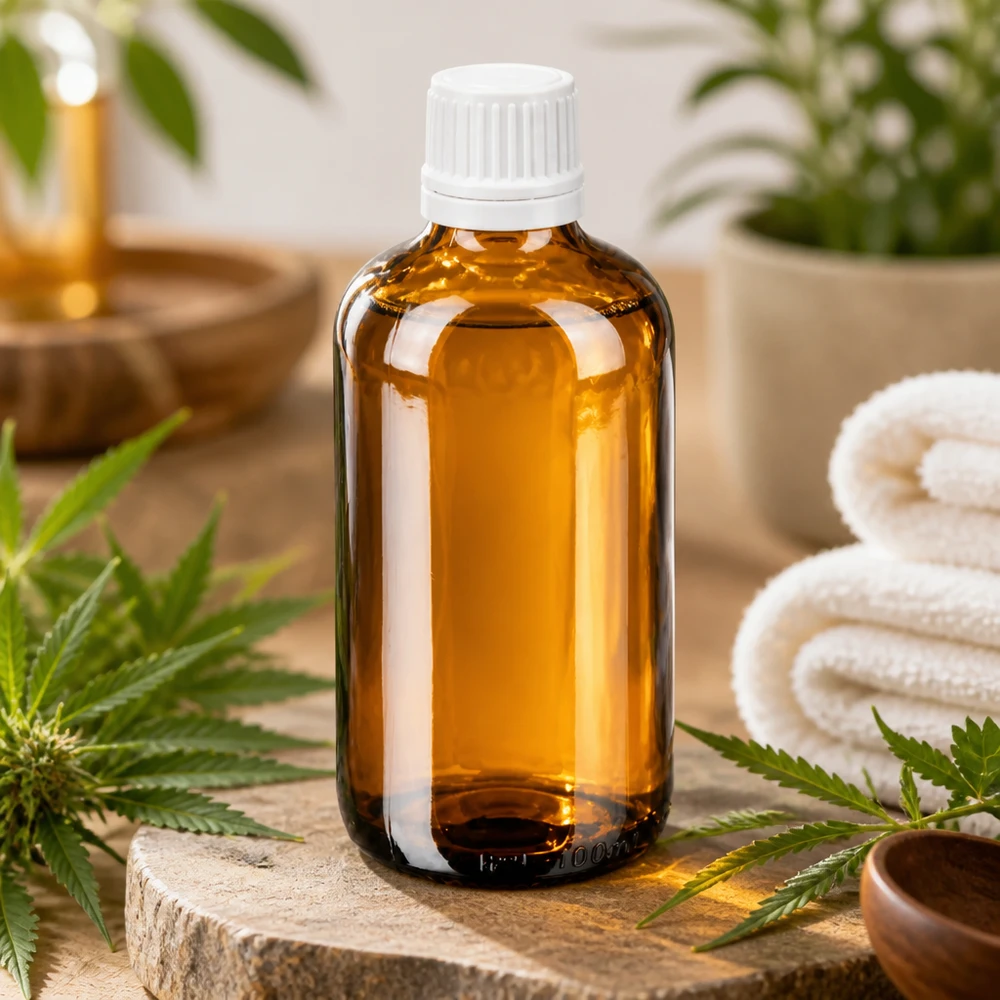 100 ml:n ruskealasiinen tiputuspullo, jossa on valkoinen lapsiturvallinen korkki, kannabiksen lehtien keskellä