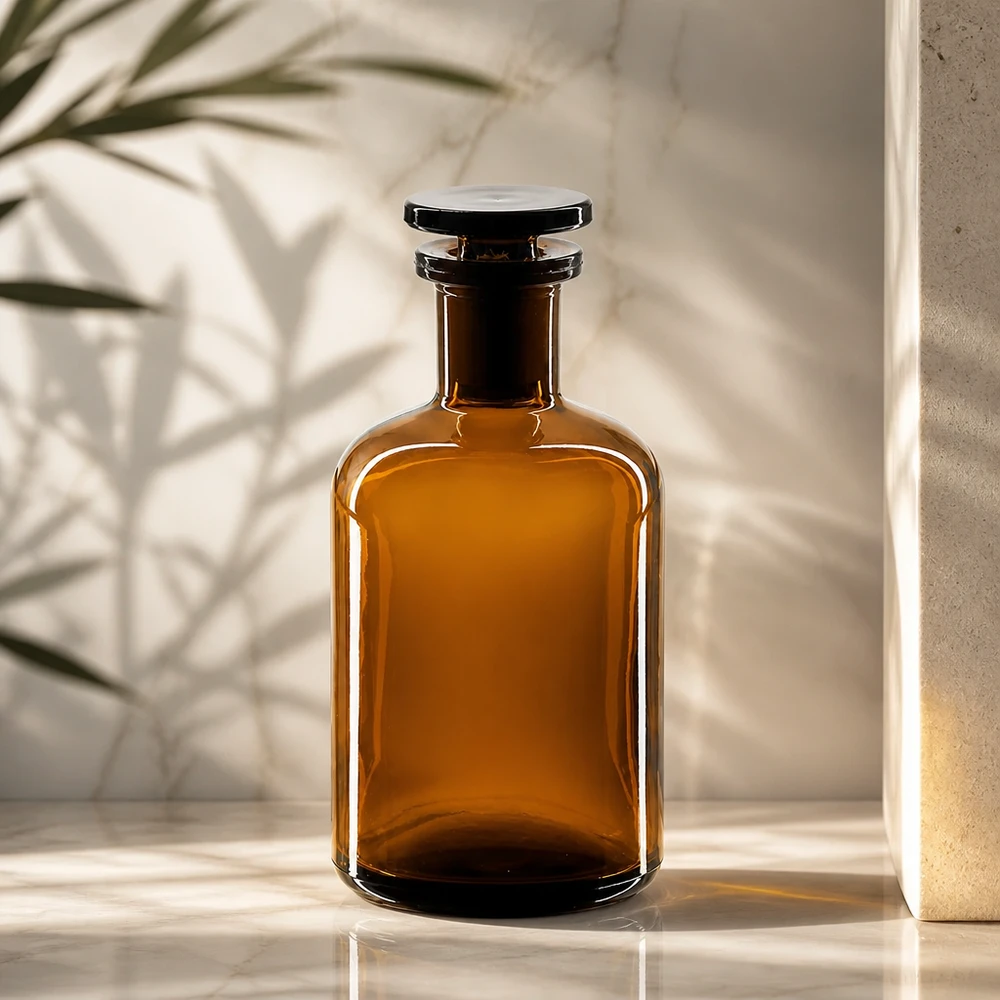100 ml:n kapeakaulainen, meripihkavärinen lasipullo, jossa on tulppa ja UV-suojaus valoherkille aineille