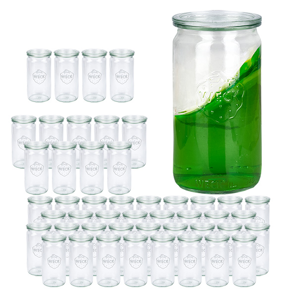 48 Weck-purkin sarja 340ml sylinteripurkkeja, joissa on 48 lasikantta. 48 Weck-purkin sarja 340ml sylinteripurkkeja, joissa on 48 lasikantta.