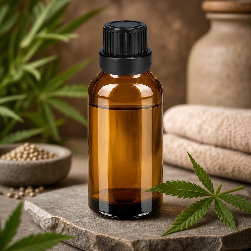 Pieni 30 ml:n lasipullo mustalla kannella, ihanteellinen matkoille ja liikkeellä oloon.
