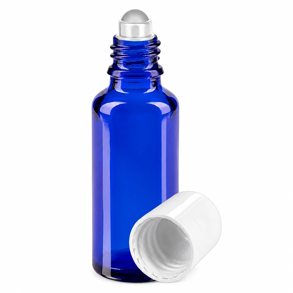 Apteekkipullo sininen 30ml roll-on korkki valkoinen 30 ml:n sininen roll-on-pullo, jossa on valkoinen korkki ja apteekkilasista valmistettu lasirulla