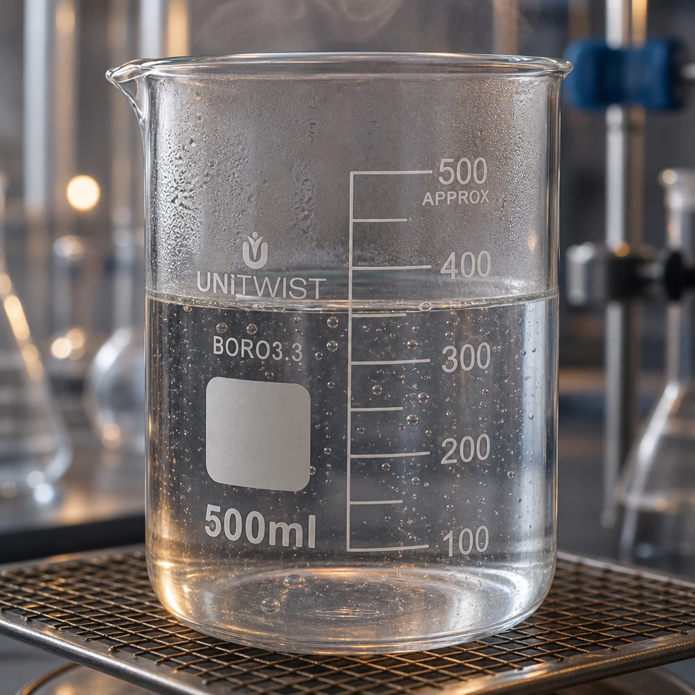 Läpinäkyvä 500 ml:n UNiTWIST BORO3.3 -laboratoriomuki, joka on asetettu metalliverkkoalustalle ja täytetty vedellä