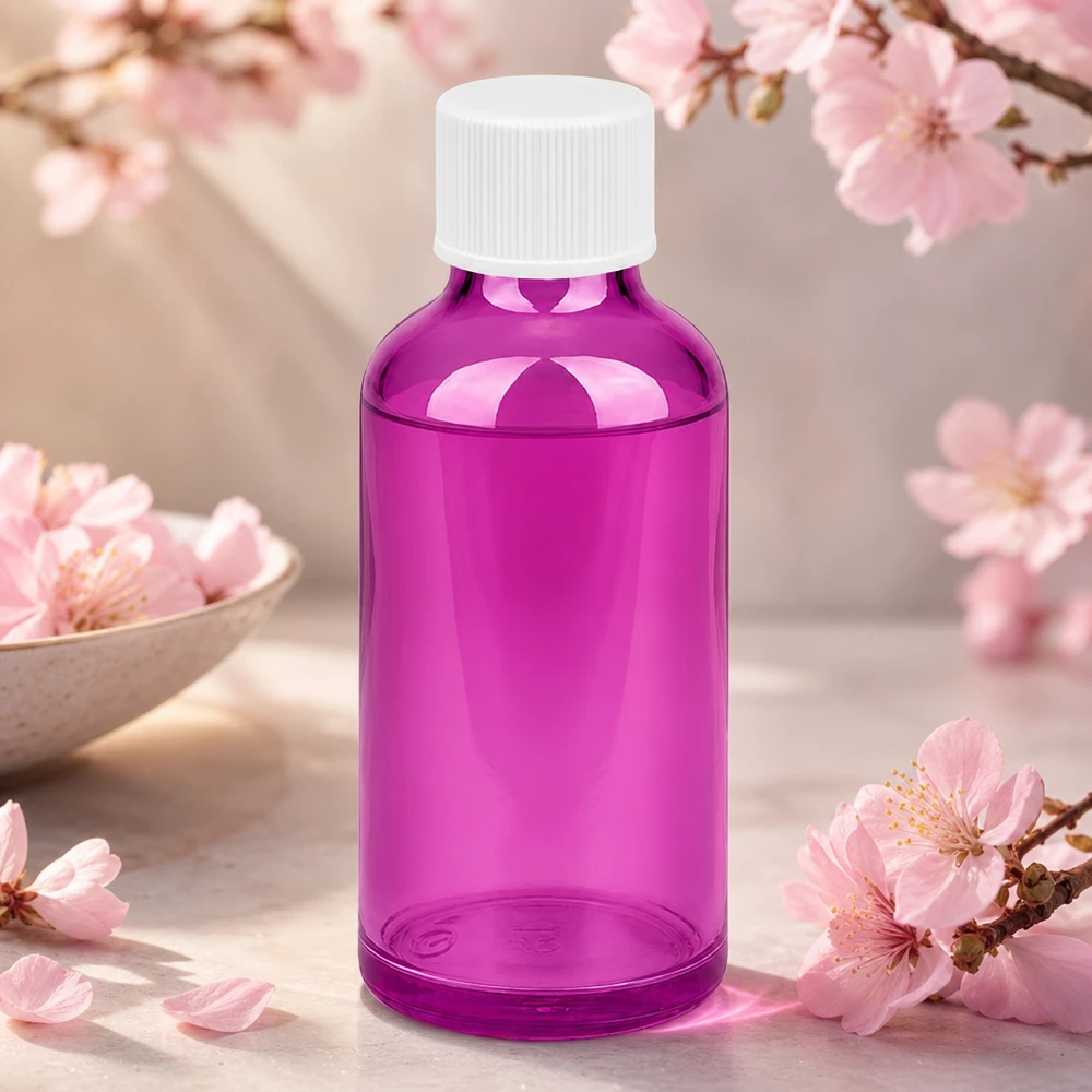 50ml pullo 11mm kierrekorkki valkoinen vakio PurpleLine UT18/50 PurpleLine UT18/50 Elegantti 50ml pullo läpinäkyvää violettia valkoisella korkilla korkealaatuisille kosmetiikkatuotteille.