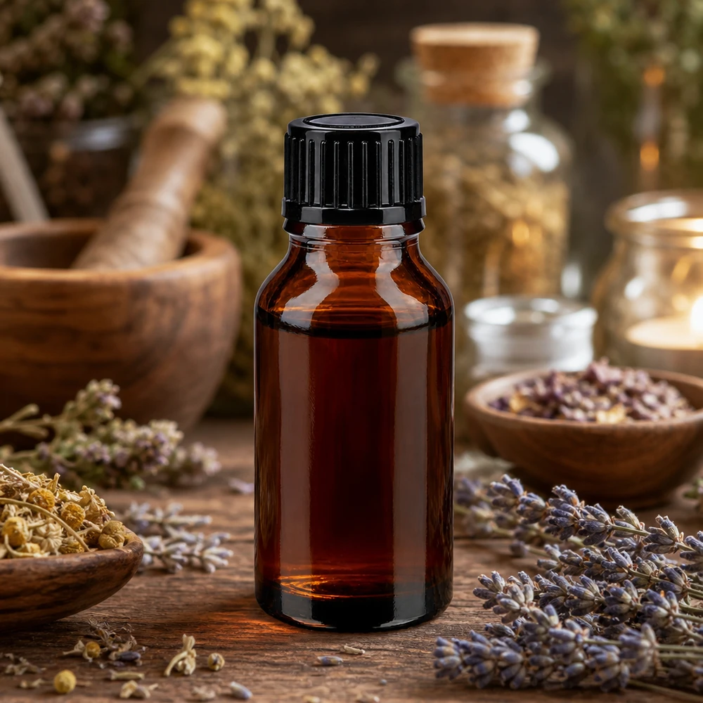Apteekkipullo ruskea 15ml tippapullo korkki 1mm musta vakio. Valolta suojaava ruskealasi-pullo, 15 ml, musta tippakorkki, ympäröity laventelilla ja yrtteillä