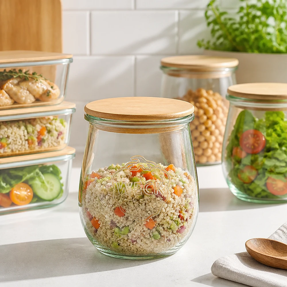WECK tulppaanipurkki 220ml RR60 puinen kansi Meal Prep - säilytyspurkki kvinoa-kasvisalaatilla modernissa keittiössä