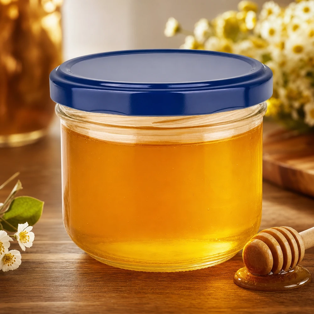 260ml muuripurkki sinisellä BasicSeal-kannella, joka on täytetty hunajalla - ihanteellinen twist-off-purkki hilloille ja levitteille.