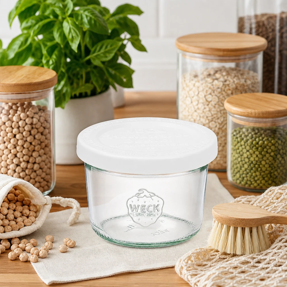 WECK 80ml RR60 tumblers kestävässä keittiössä, jossa on palkokasvien säilytyspurkkeja ja nollajäteastiat puusta