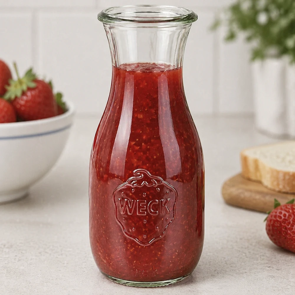 WECK Saftflasche 530ml RR60 mit rotem Erdbeermus gefüllt neben frischen Erdbeeren und Brot in heller Küche